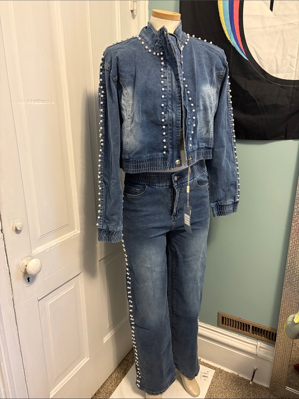 Pearl-Trim Wide Leg Denim Jeans - Blue